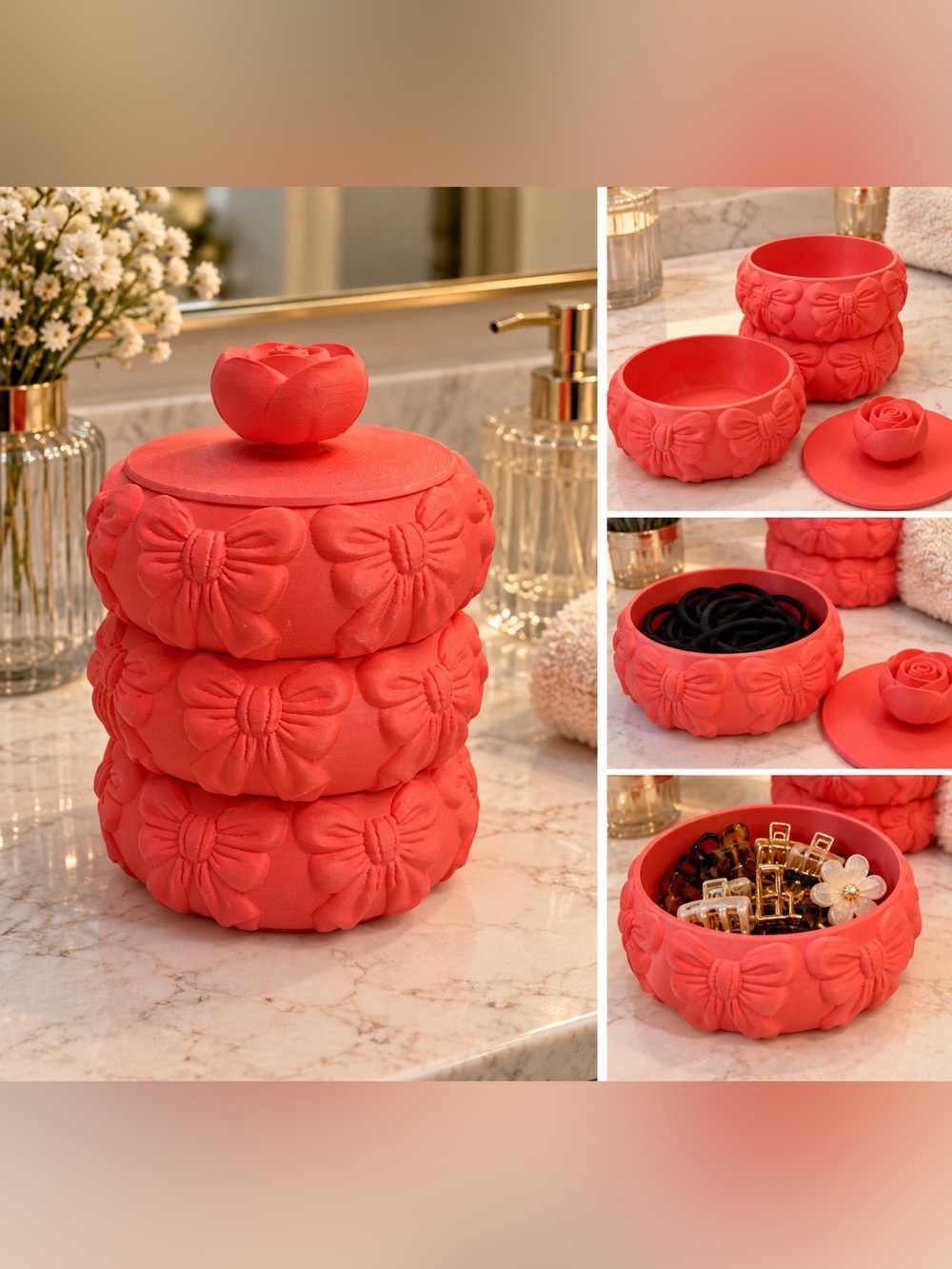 Artist-Made Pink Bow Stackable Storage Organizer w/ Rose Lid – 3 Tier